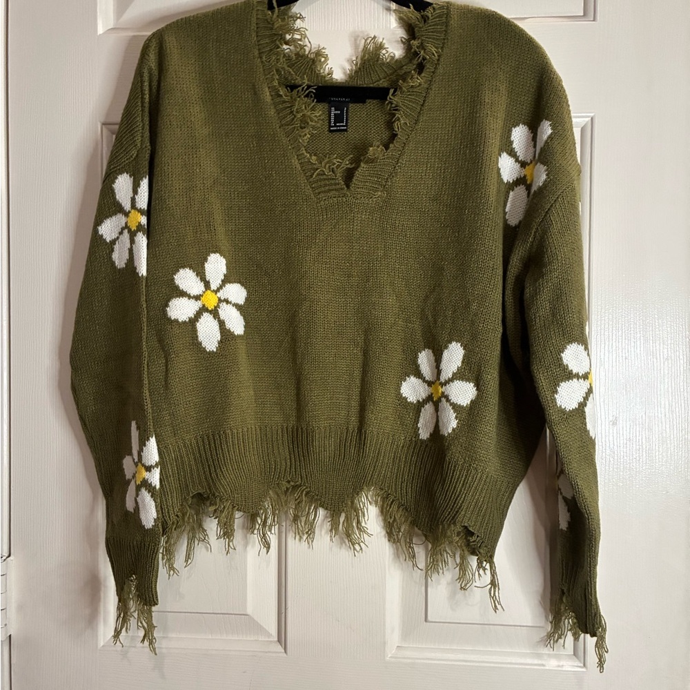 Zara Green V-Neck Sweater with Daisy Design